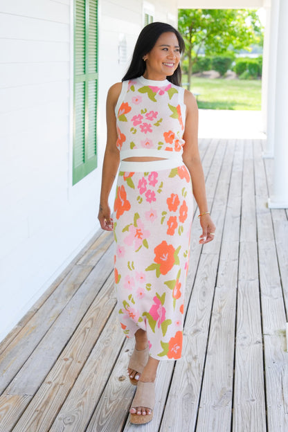 Floral Print Sweater Skirt with Elastic Waist