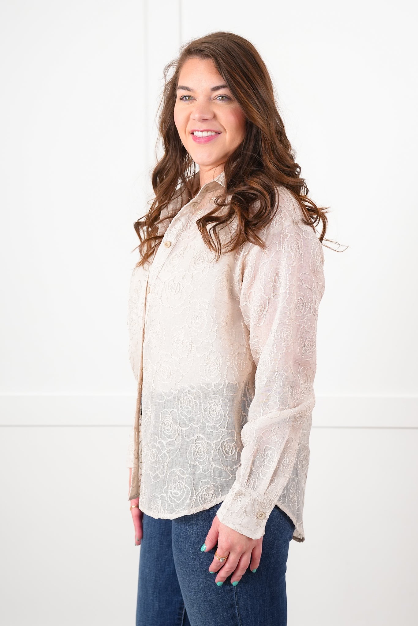 Plus/Reg Shimmering Sheer Floral Long Sleeve Button Up Top