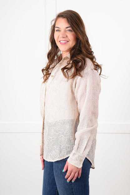 Plus/Reg Shimmering Sheer Floral Long Sleeve Button Up Top