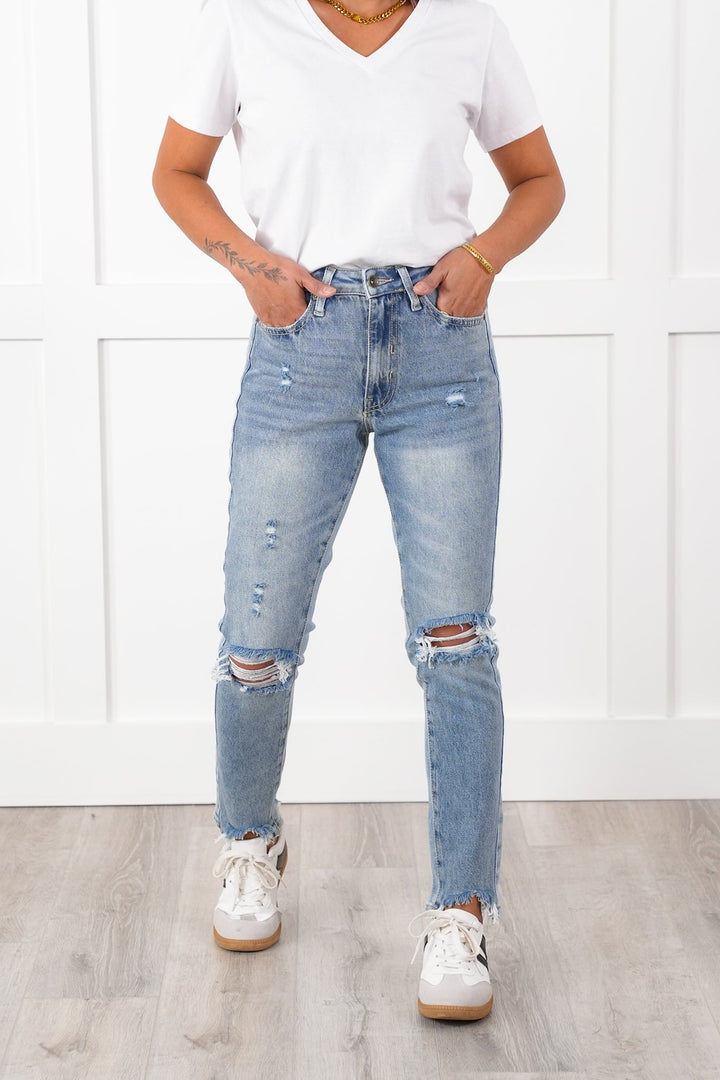 Special A High Rise Light Wash Distressed Relaxed Straight Leg Jeans