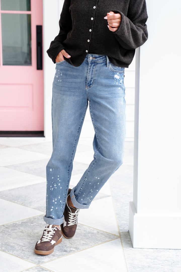 Judy Blue Mid Rise Medium Wash Distressed Bleach Splatter Cuffed Boyfriend Jeans