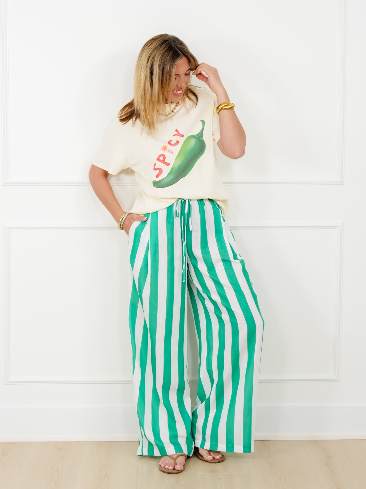 Stripe Elastic Waist Wide Leg Pants