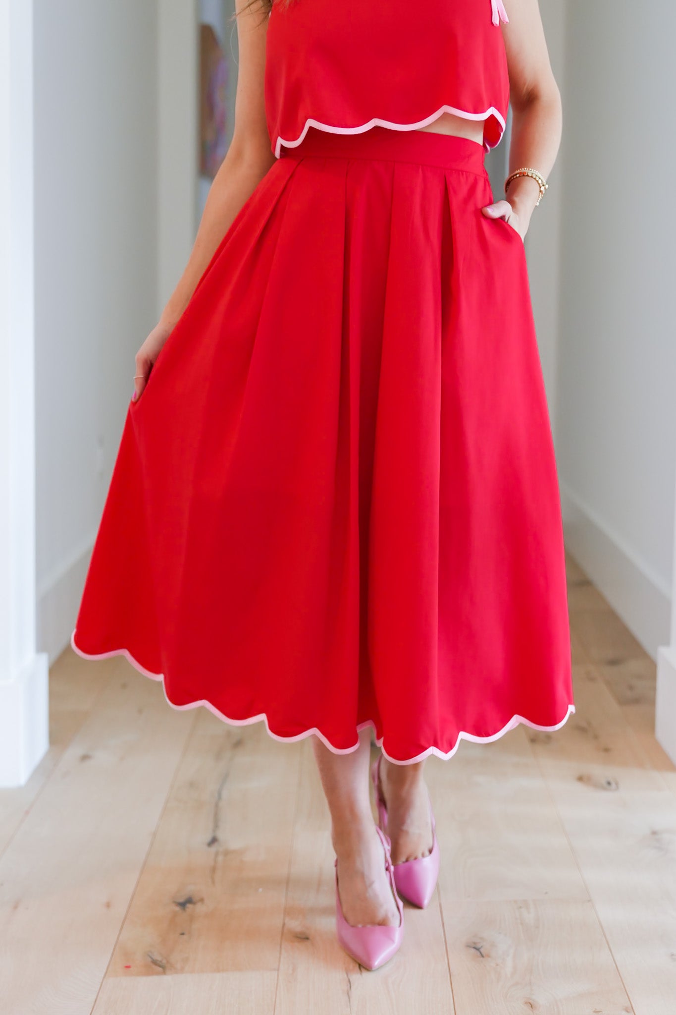 Solid Midi Skirt with Scallop Hem Detail