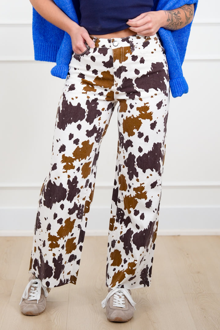 Cow Print Wide Leg Relaxed Fit Pants