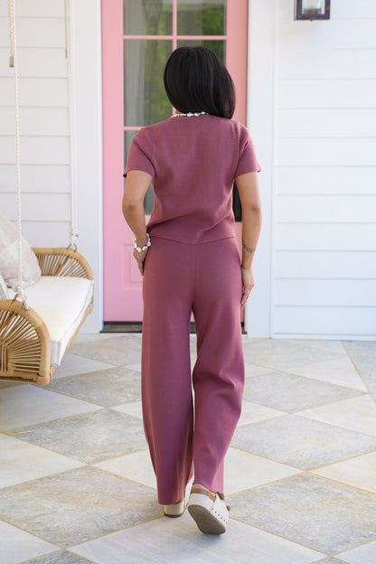 Ribbed Short Sleeve Round Neck with Elastic Waistband Pant Set