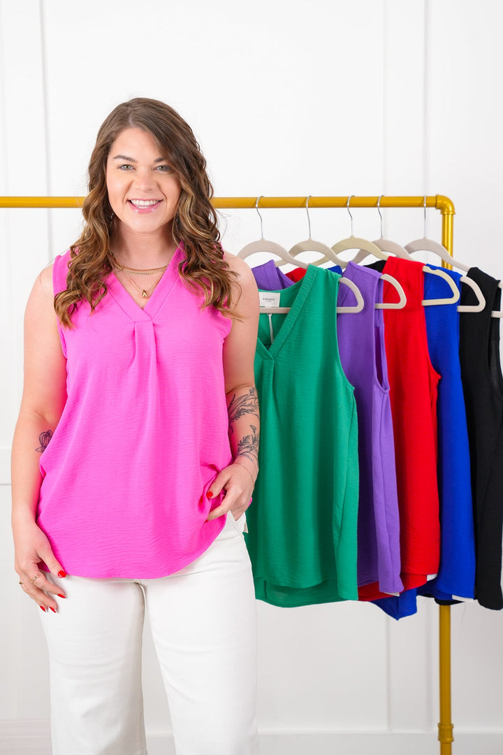 Door Buster! Plus/Reg Solid Woven V Neck Tank Top with Pleated Detail
