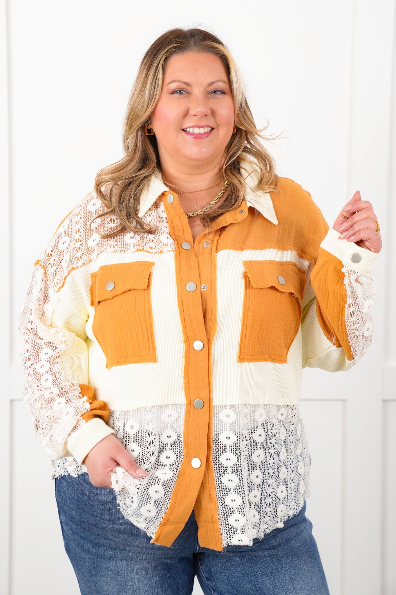 Color Block Long Sleeve Button Down Shacket with Contrast Detail