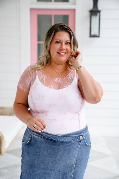 Floral Mesh Short Sleeve Top with Ruching Detail