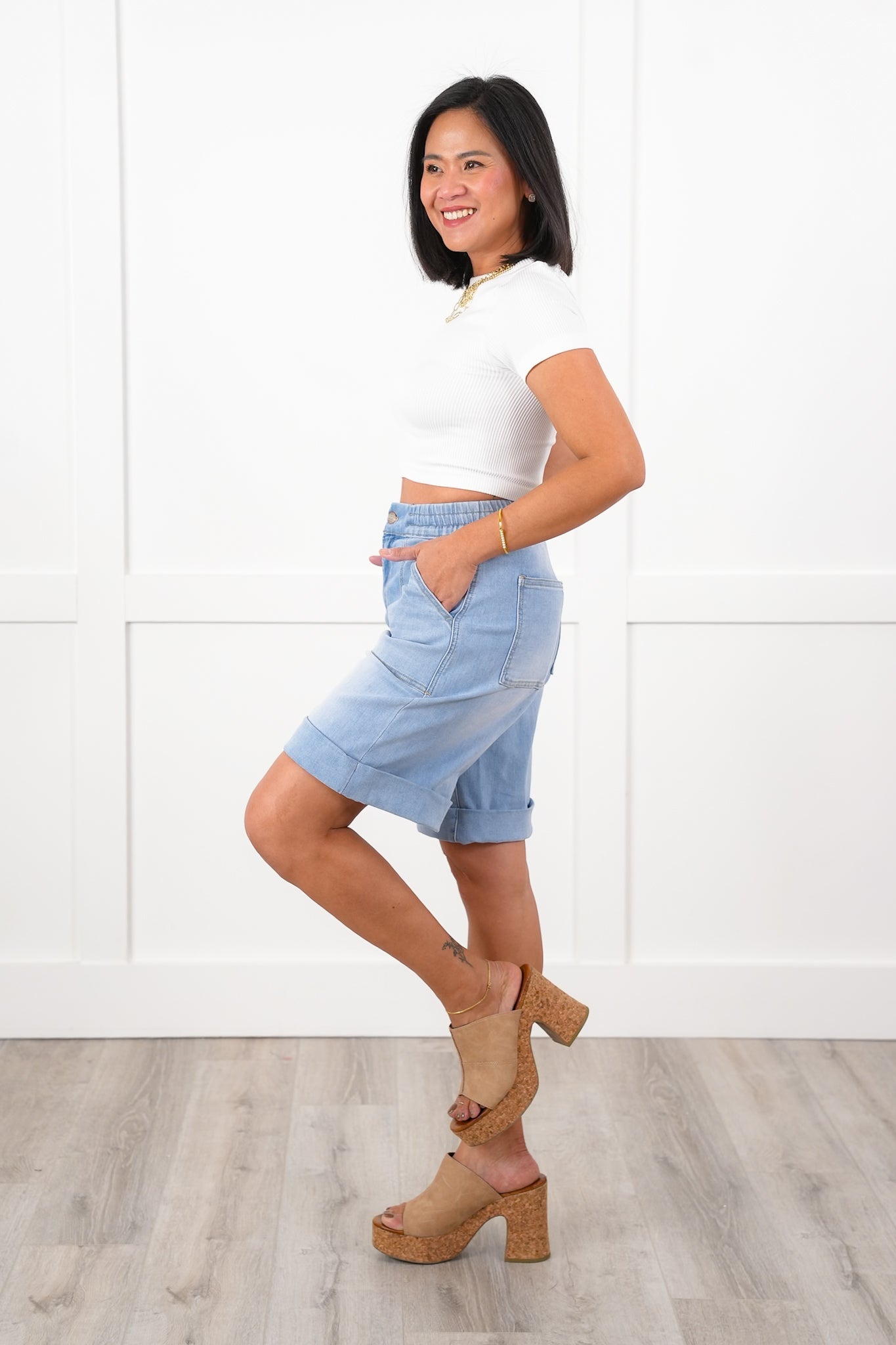 Mica Light Wash Cuffed Hem Shorts