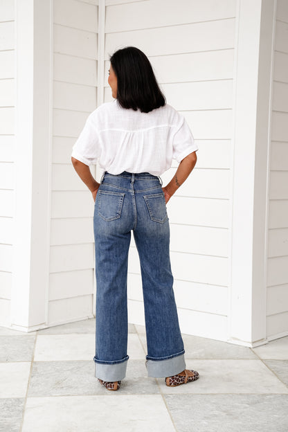 Mica High Rise Medium Wash Cuffed Wide Leg Jeans with Hidden Button Fly