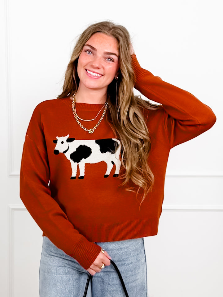 Rust Knit Long Sleeve Cow Pullover Sweater
