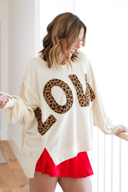 Plus/Reg Long Sleeve Leopard "LOVE" Patch Top with Reverse Seam Detail