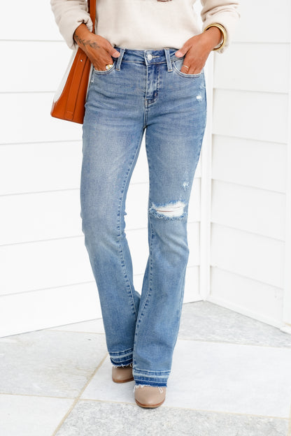 Restock Judy Blue Mid Rise Medium Wash Distressed Released Hem Bootcut Jeans