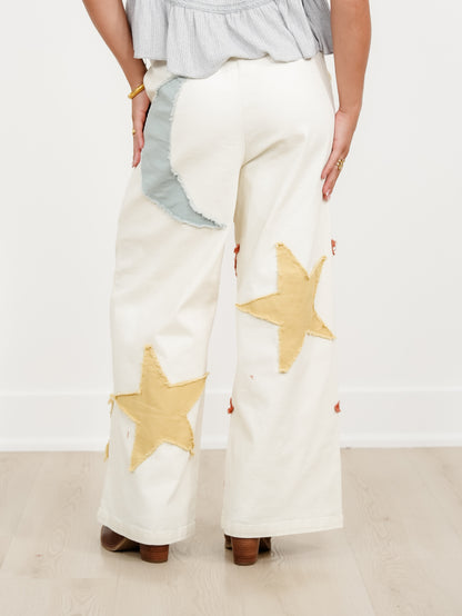 Elastic Waist Sun, Moon, & Stars Patch Wide Leg Pants