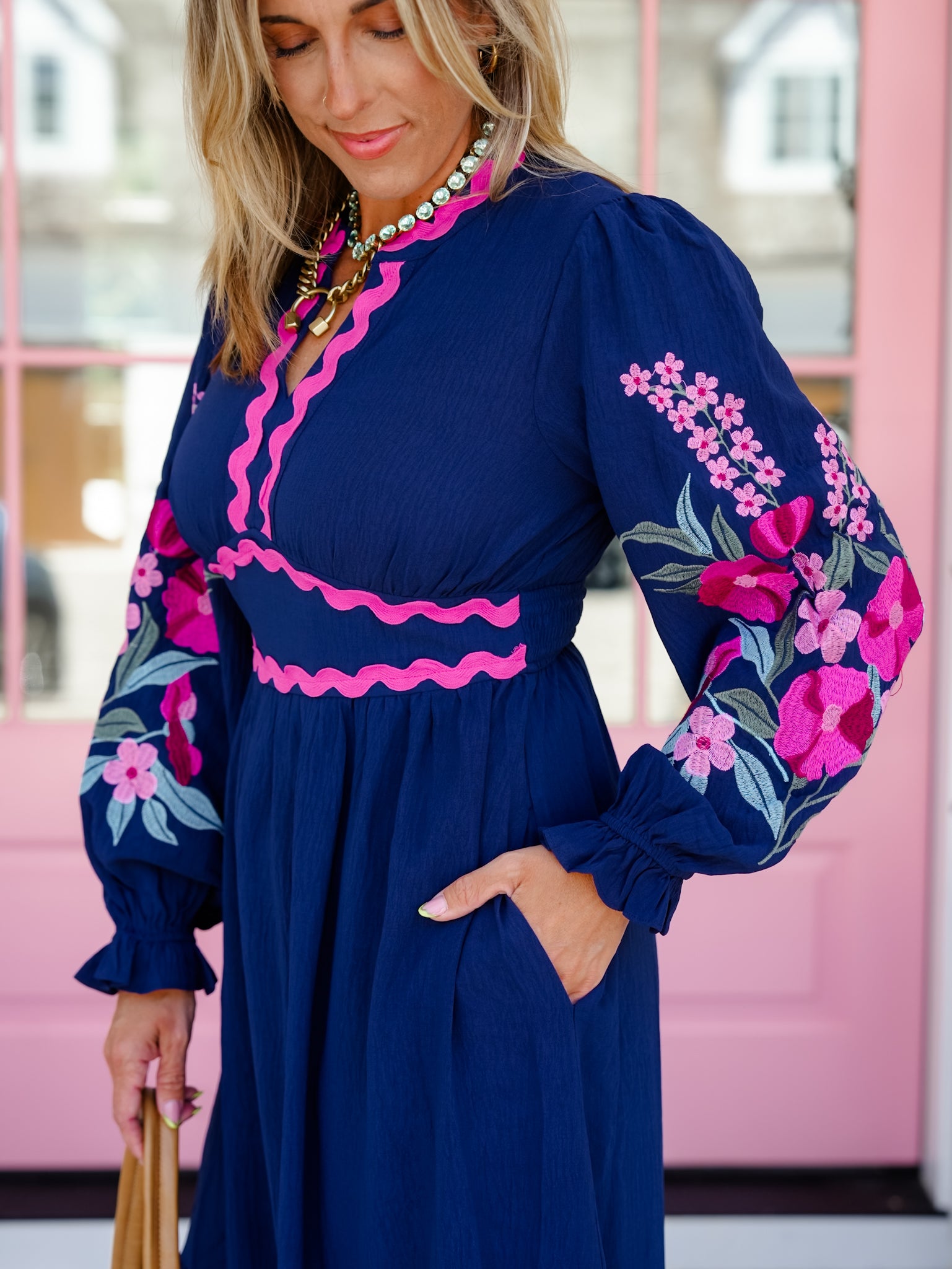 Plus/Reg Long Sleeve Midi Dress with Floral Embroidery - Freckled Poppy