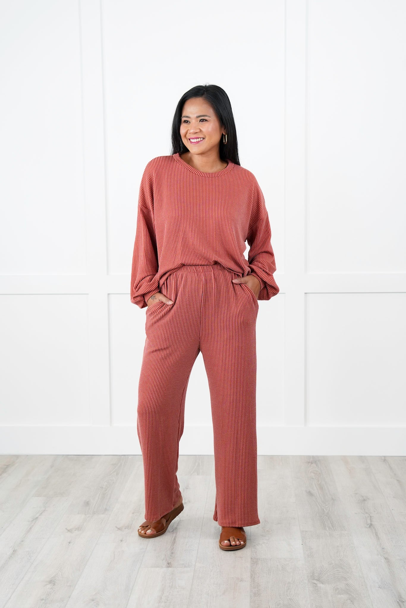 Ribbed Long Sleeve Round Top With Elastic Waistband Lounge Pant Set (Multiple Colors)
