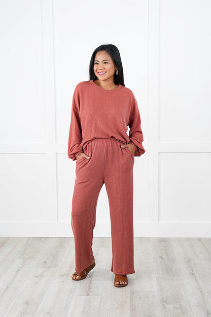 Ribbed Long Sleeve Round Top With Elastic Waistband Lounge Pant Set (Multiple Colors)