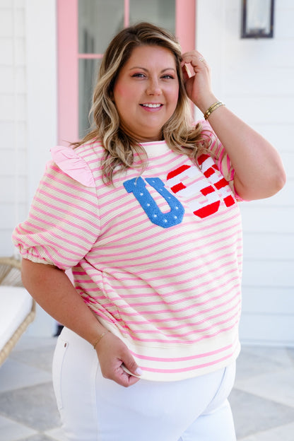 Stripe Short Sleeve "USA" Patchwork Top with Ruffle Detail