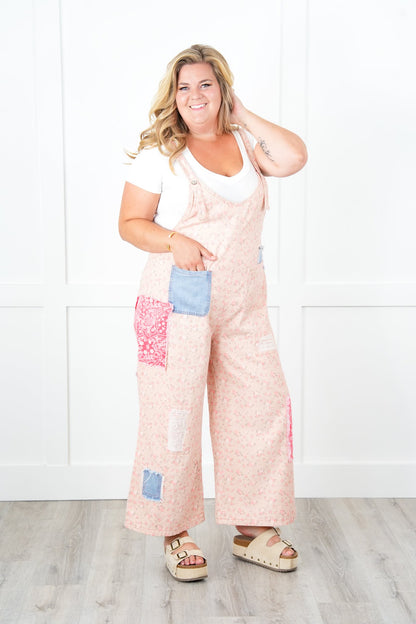 POL Floral Sleeveless V-Neck Denim Overalls With Patch Detail