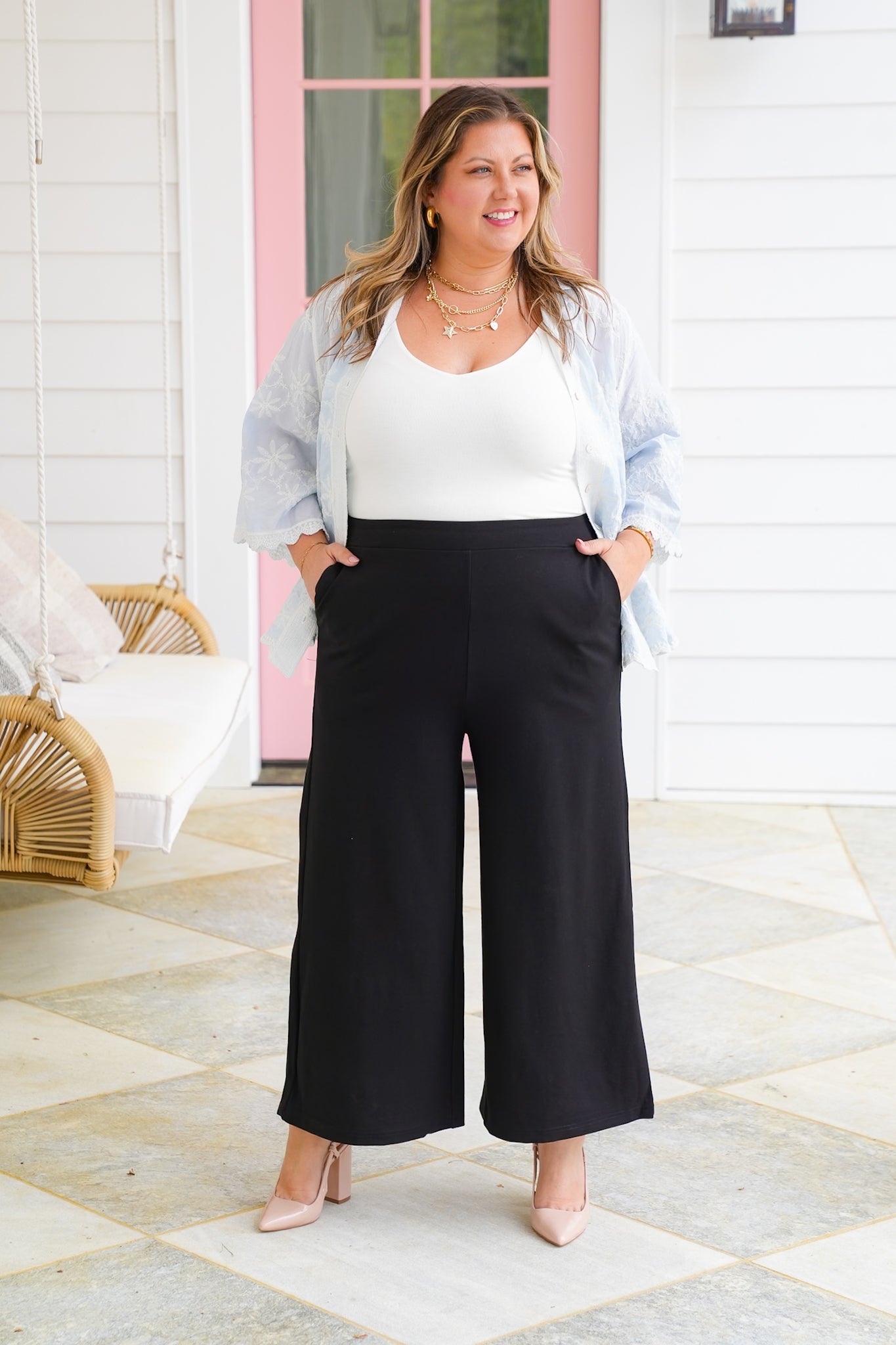 Plus/Reg Black Elastic High Waist Knit Cropped Pants