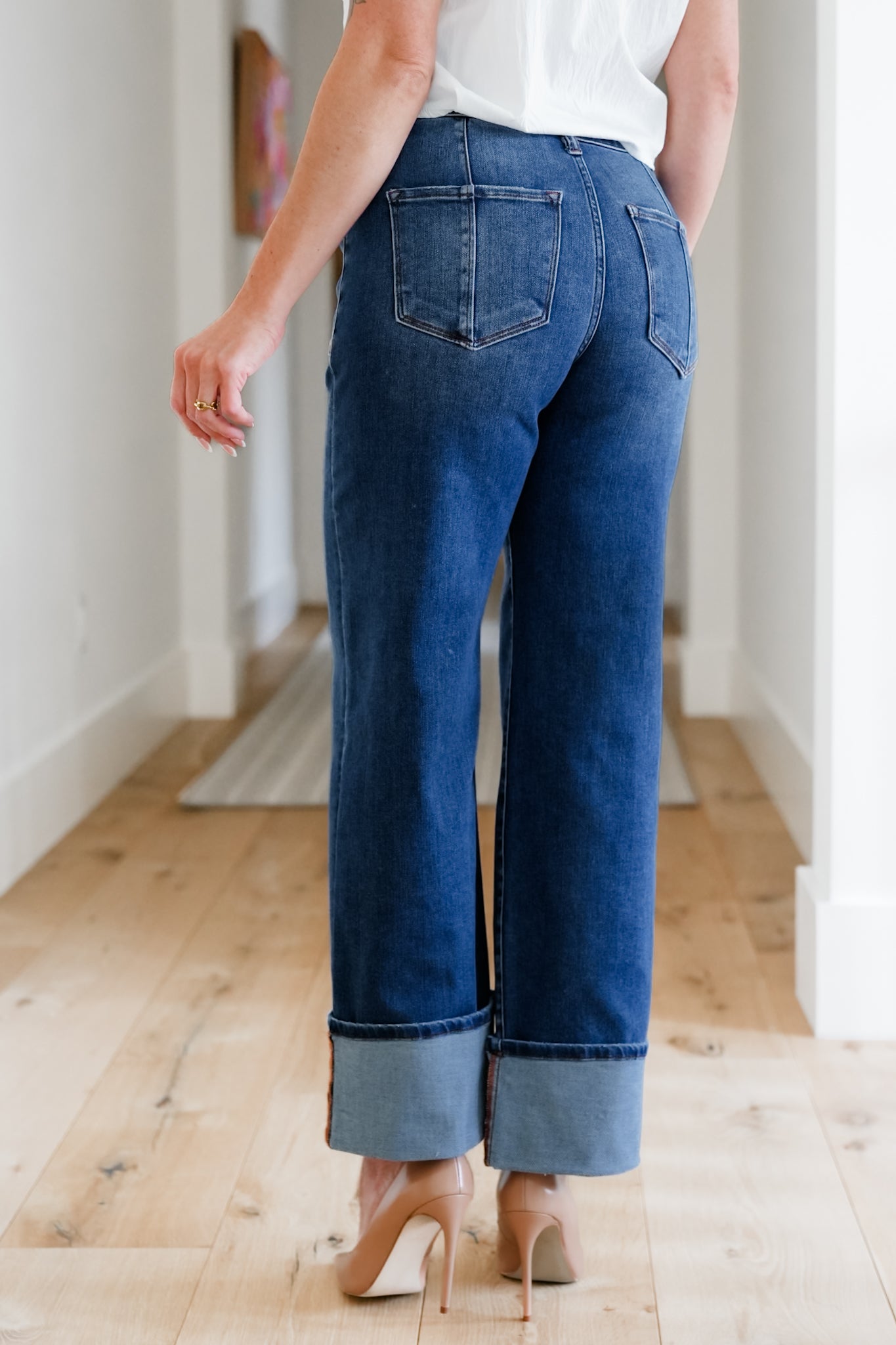 Risen Multi Inseam High Rise Dark Wash Cropped Wide Cuffed Straight Leg Jeans
