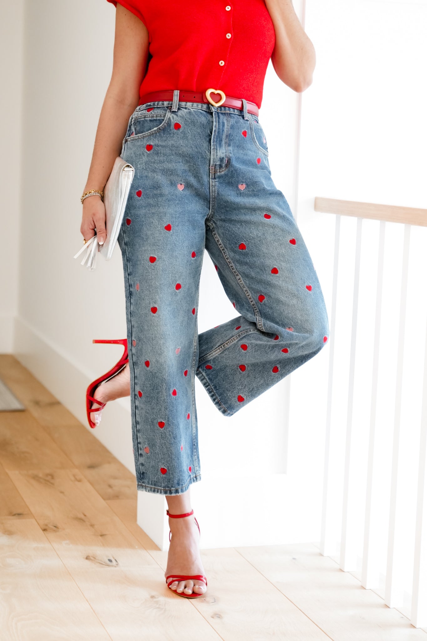 Medium Washed High Rise Embroidered Hearts Jeans