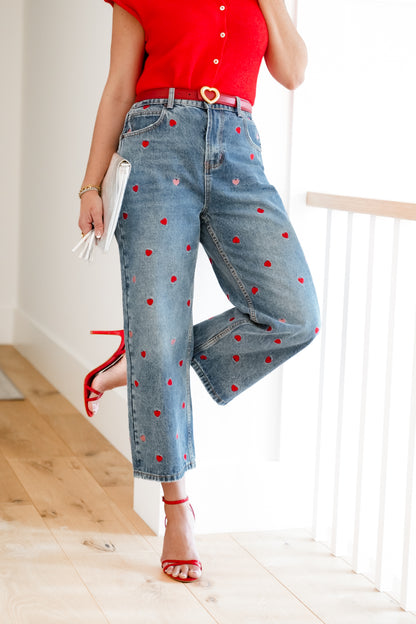 Medium Washed High Rise Embroidered Hearts Jeans