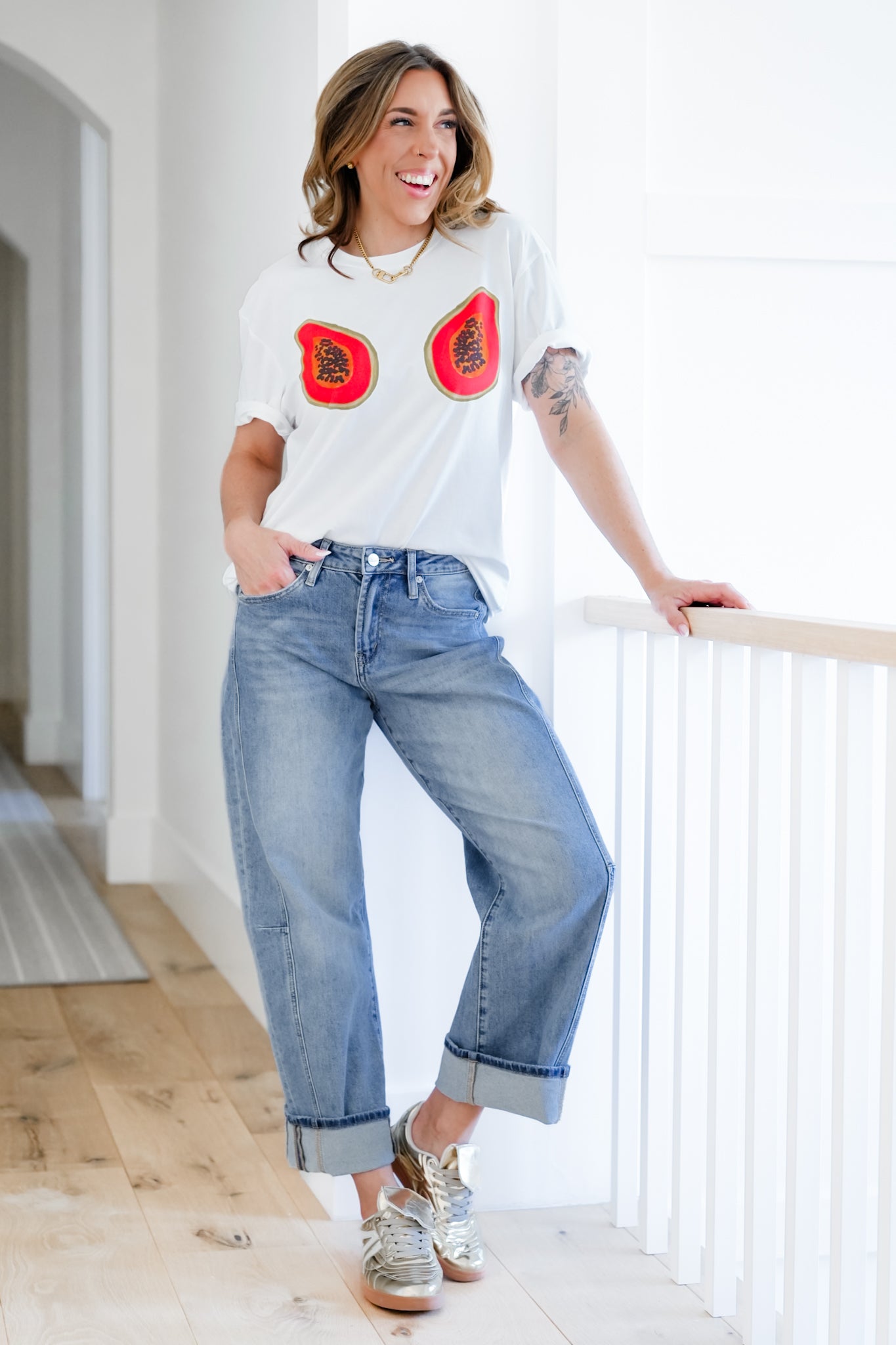 Mica High Rise Light Wash Barrel Jean with Cuffed Hem