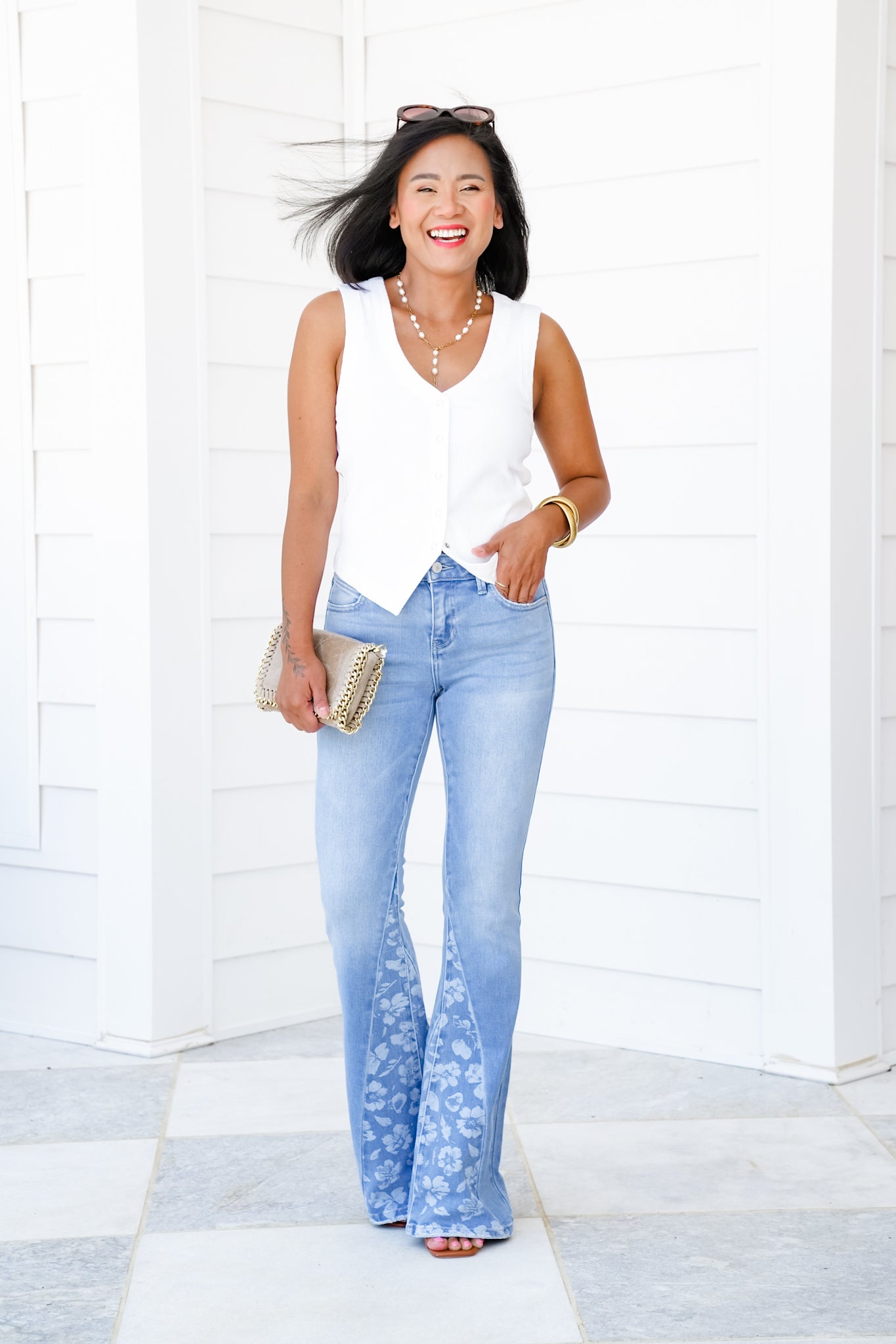 KanCan Mid-Rise Medium Wash Flare Jeans with Floral Print Panel