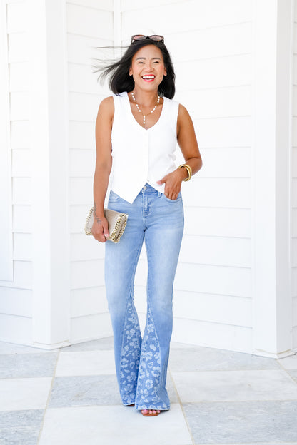 KanCan Mid-Rise Medium Wash Flare Jeans with Floral Print Panel