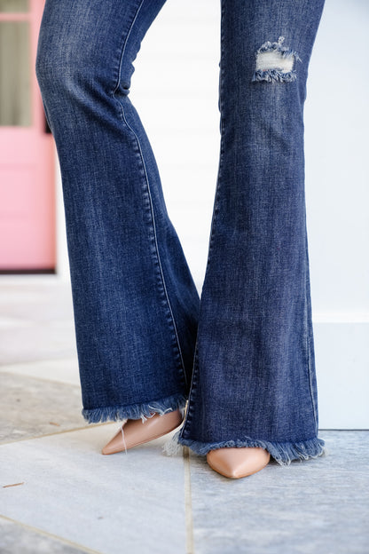 Judy Blue Mid Rise Dark Wash Distressed Flare Jeans with Frayed Hem