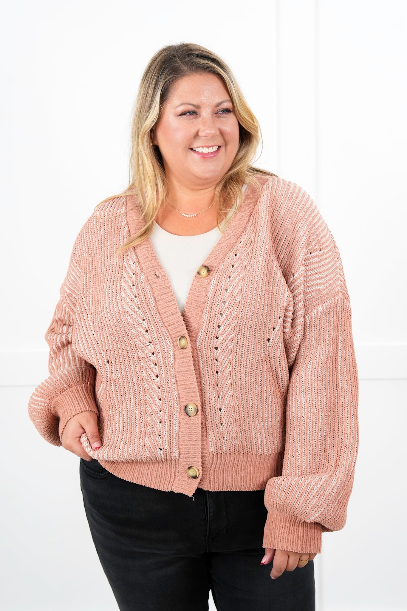 Plus/Reg Two Tone Long Sleeve Button Down Cardigan