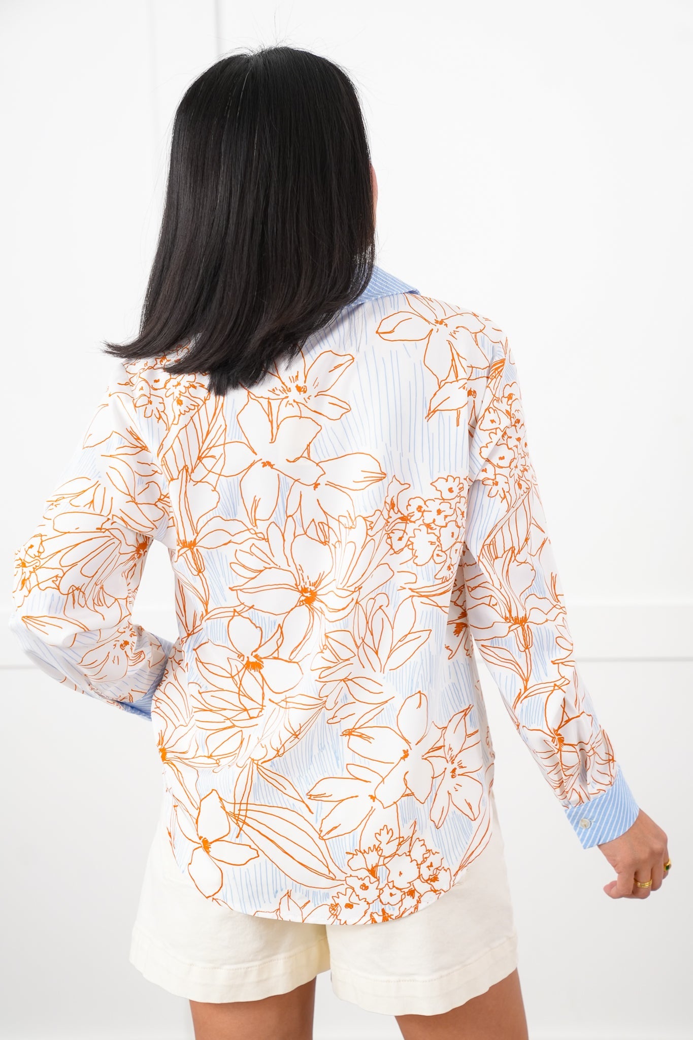 Floral Print Long Button Down Top with Trim Detail