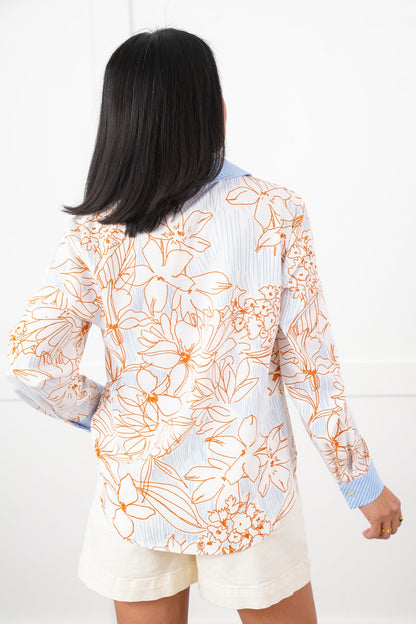 Floral Print Long Button Down Top with Trim Detail