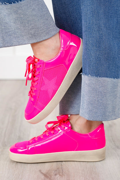 Patent Finish Low Top Sneaker with Mesh Panel Accents
