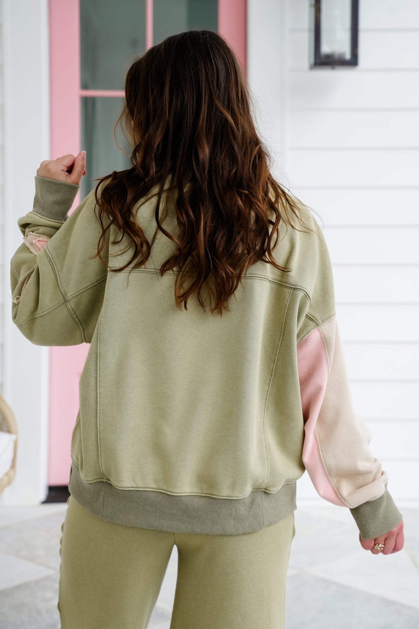Mineral Wash Color Block Long Sleeve Pullover Top with Star Patch Detail
