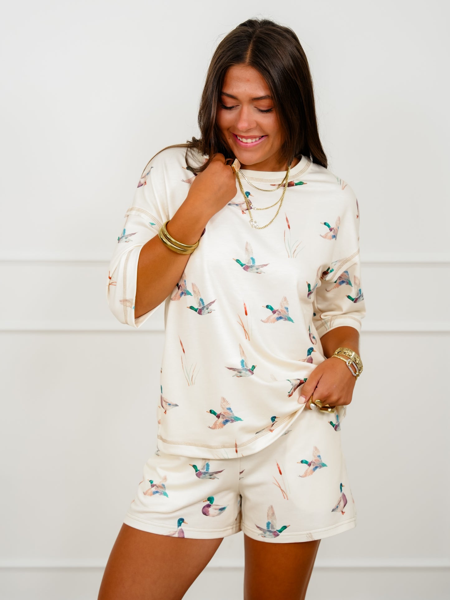 Mallard Print Short Sleeve Top And Shorts Set
