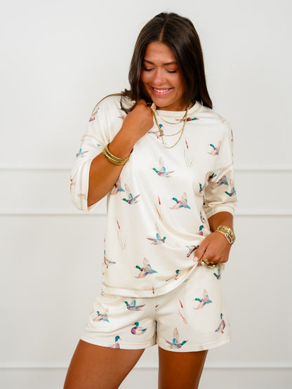 Mallard Print Short Sleeve Top And Shorts Set