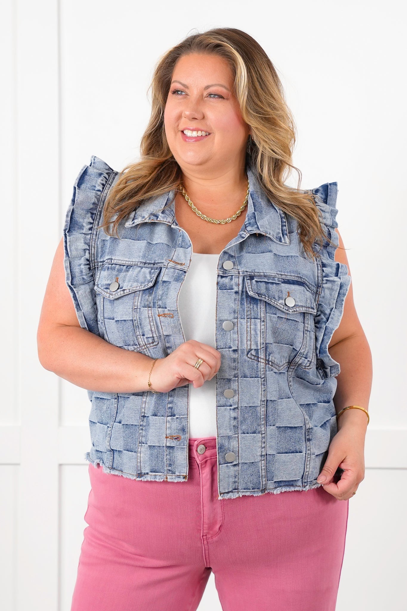 Vintage Wash Gingham Button Down Vest with Ruffle Detail
