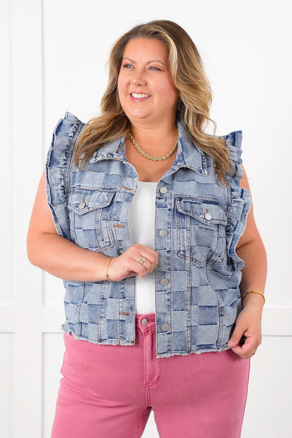Vintage Wash Gingham Button Down Vest with Ruffle Detail