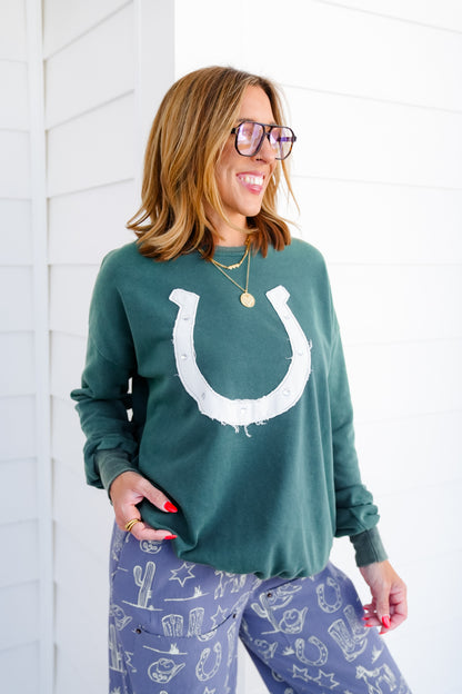 Long Sleeve Horseshoe Patch Pullover Sweatshirt