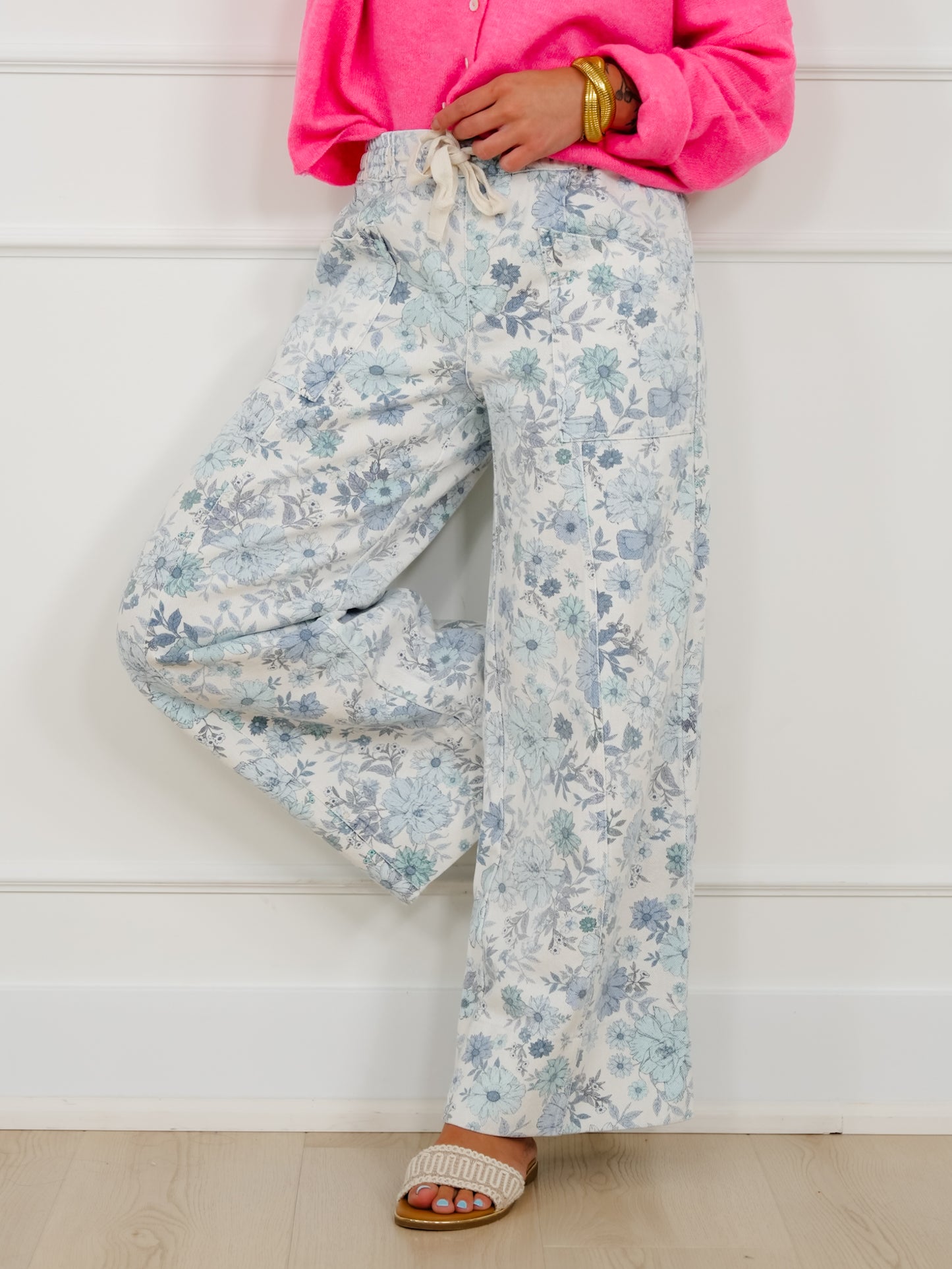 Blue Floral Print Elastic Waist Twill Wide Leg Pants