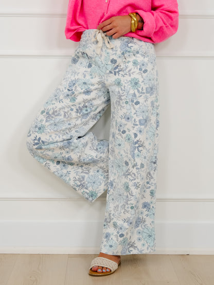 Blue Floral Print Elastic Waist Twill Wide Leg Pants