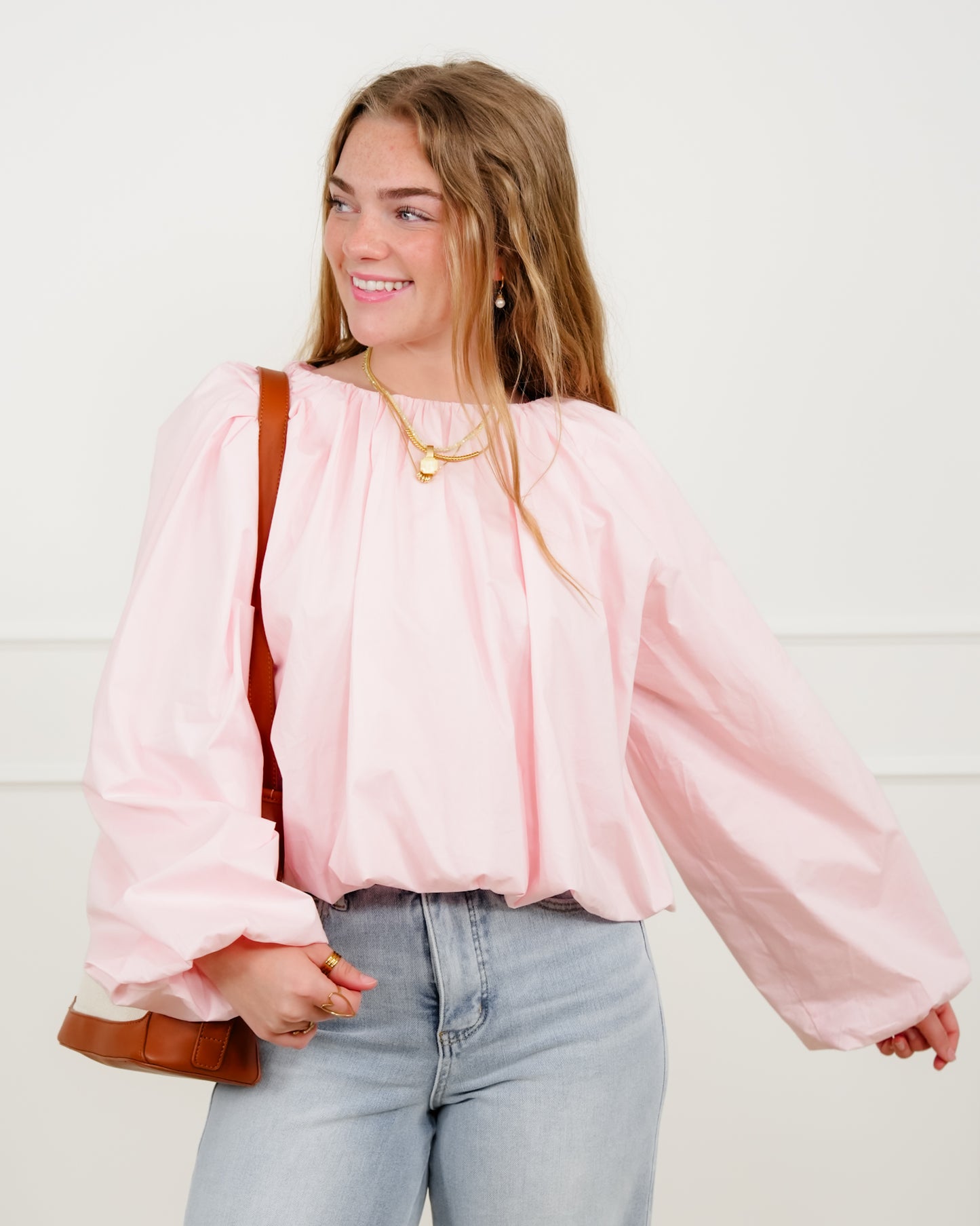 Cropped Long Sleeve Round Neck Blouse