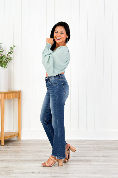 Risen Cropped to Perfection High Rise Dark Wash Relaxed Straight Leg Jeans