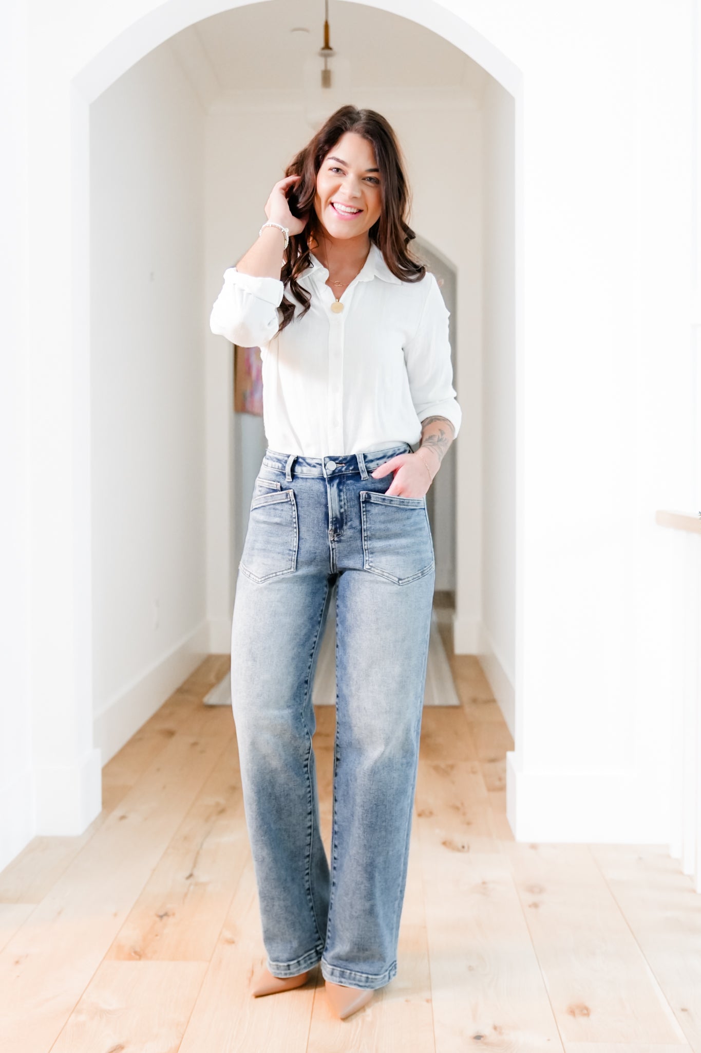 Risen Mid Rise Medium Wash Relaxed Fit Baggy Jeans with Patch Pockets