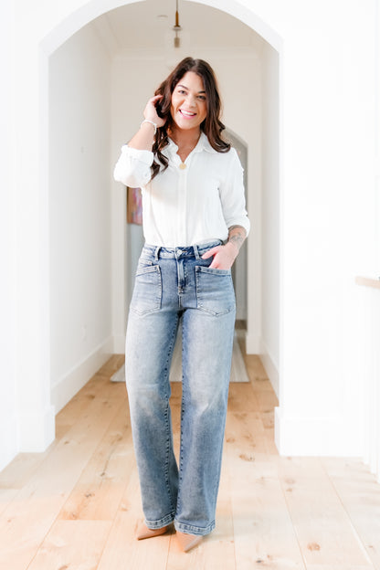 Risen Mid Rise Medium Wash Relaxed Fit Baggy Jeans with Patch Pockets