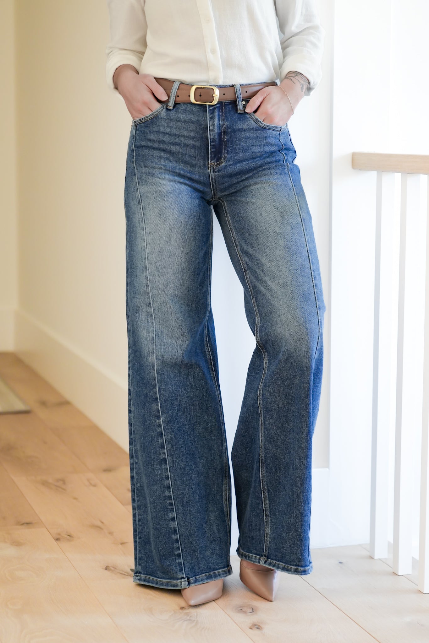 Risen Multi Inseam Dark Wash Wide Leg Seam Front Jeans