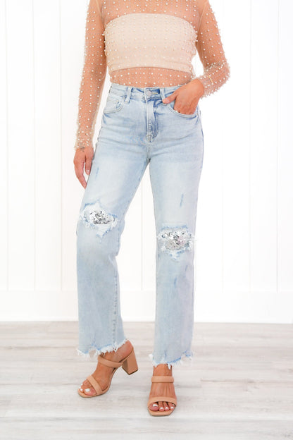 Risen High Rise Acid Wash Sequin Knee Patches Relaxed Straight Leg Jeans