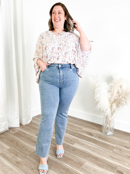 Risen Medium Wash High Rise Slim Straight Jeans With Rhinestones